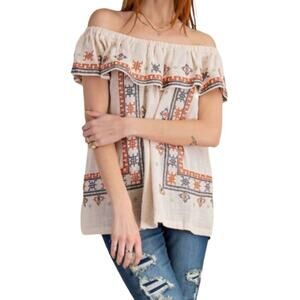 Easel Los Angeles Boho Embroidered Off Shoulder Blouse Size Small
